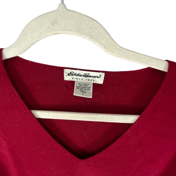 Eddie Bauer Wool Blend V-Neck Pullover Sweater Red L Tall Relaxed Fit Vibrant - Picture 4 of 9